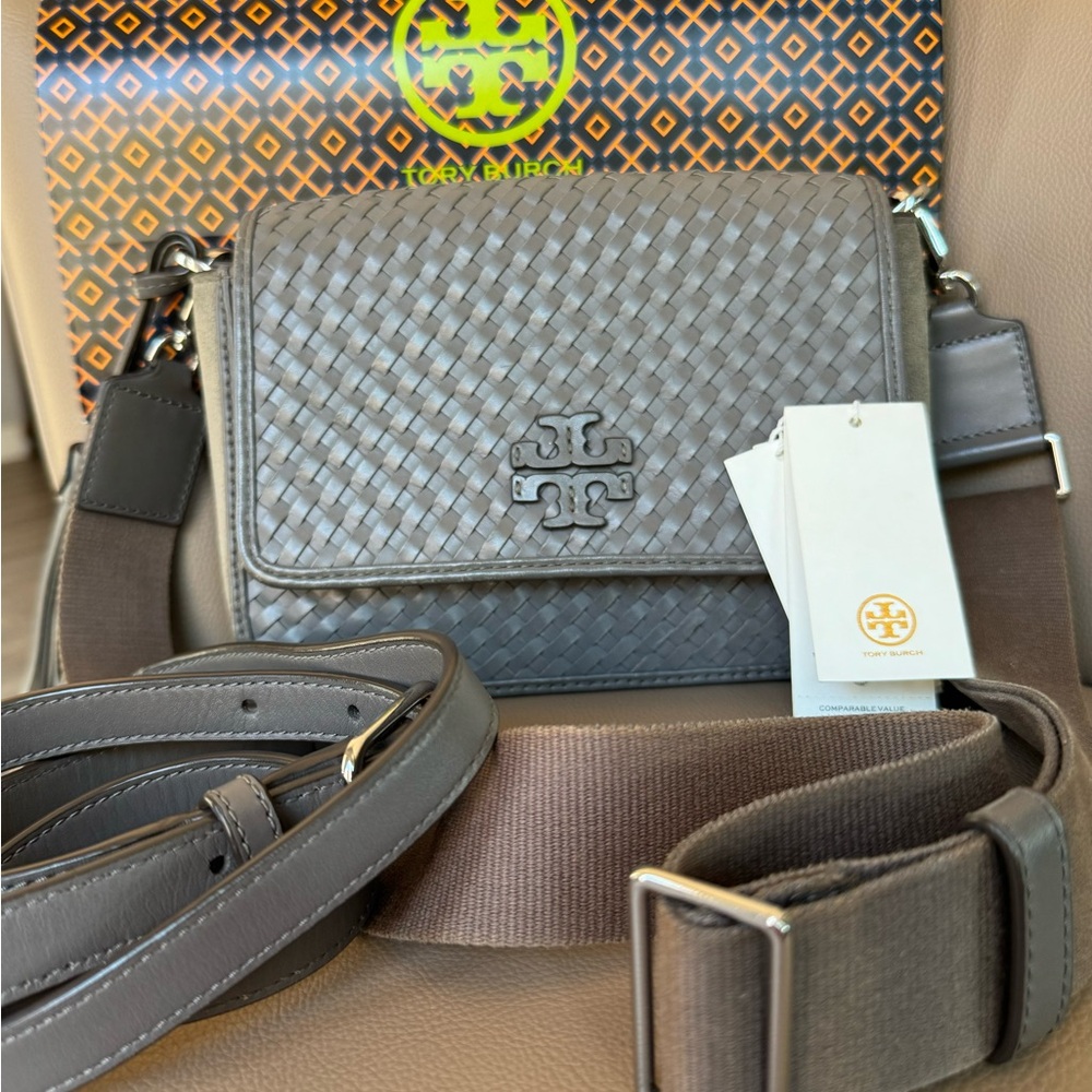 Tory Burch THEA WOVEN WEB FLAP CROSSBODY 88376 1121 ZINC / 025